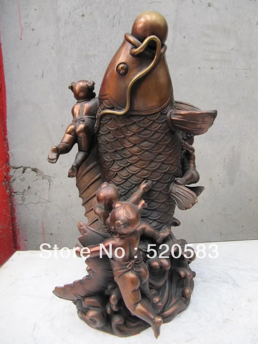 

classical chinese red bronze auspicious lucky five boys with a fish statue