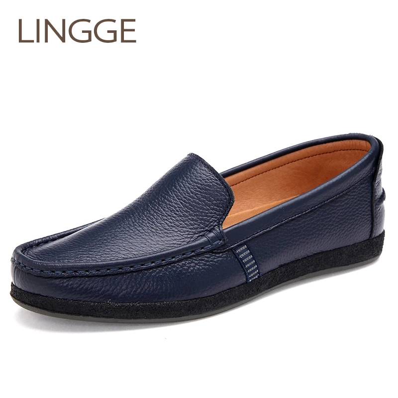 

LINGGE Genuine Cow leather Men's Loafers Fashion Handmade Moccasins Soft Leather Blue Slip On Autumn Men's Boat Shoe 38~44 #8805