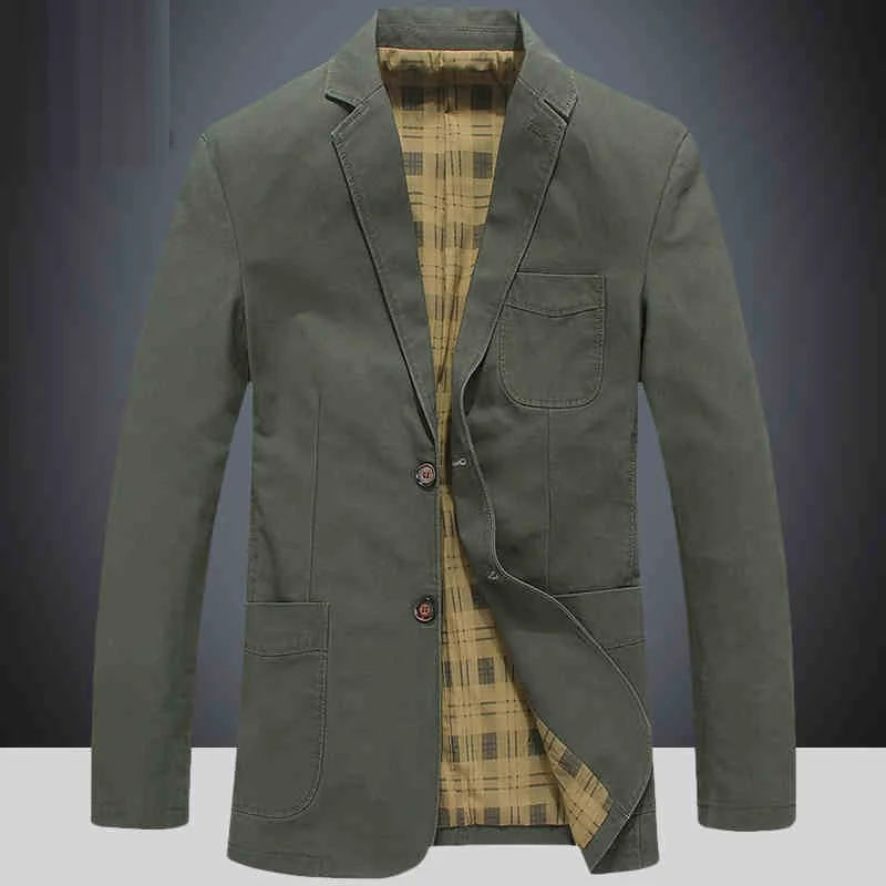 Spring Fall Casual Men's Elbow Patch Cotton Army Green Khaki Blazer