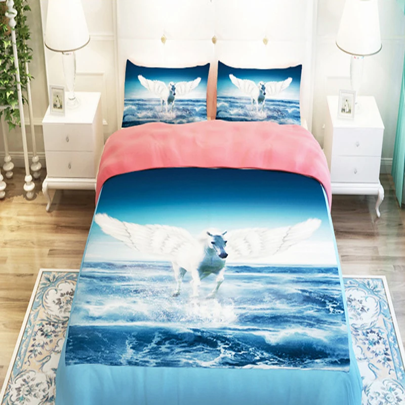 White Fly Horse 3D Bedding Sets,3/4pc duvet cover without filler,100