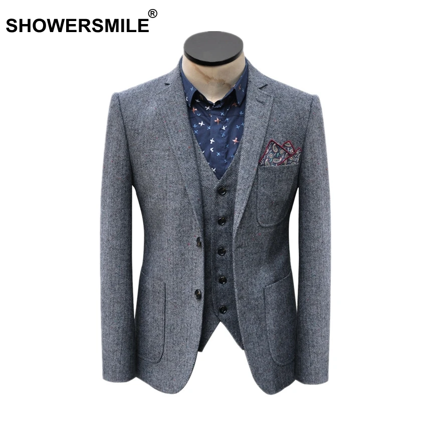 

SHOWERSMILE Brand Grey Striped Blazer Mens Vintage Herringbone Suit Jacket With Pockets Spring Autumn British Style Clothing
