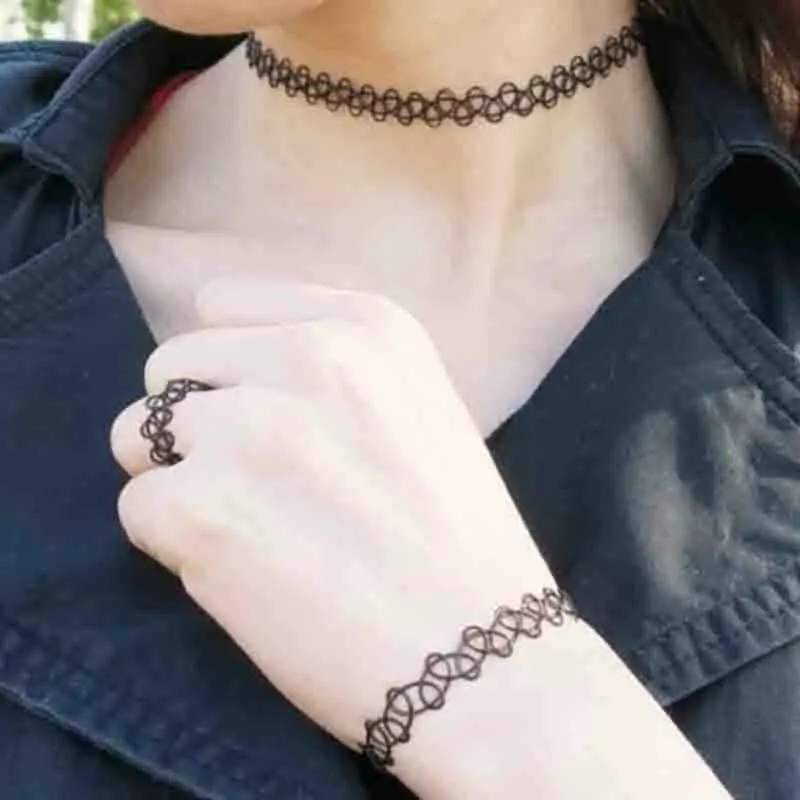 

Summer fashion tattoo short necklace 3 piece set women's retro elastic necklace set retro gothic punk elastic adjustable elastic