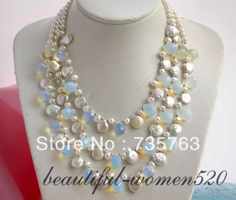 

NEW N5 3row round/coin white fw pearl opal drip necklace