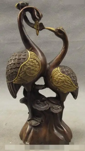 

S6329 9" Folk Art Chinese Auspicious Bronze Gilt Conjugal Love Crane RuYi Statue Set D0318