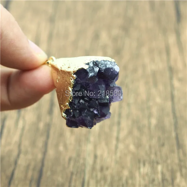 

P15052231 Triangle Amethysts Crystal Druzy Pendant Gold Color Electroplated Triangle Pendant