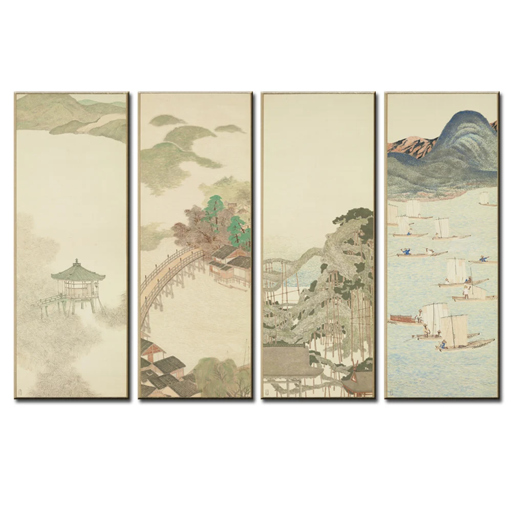 4 шт. парусиновая печать японский Ukiyo e весенний классический пейзаж коллекция