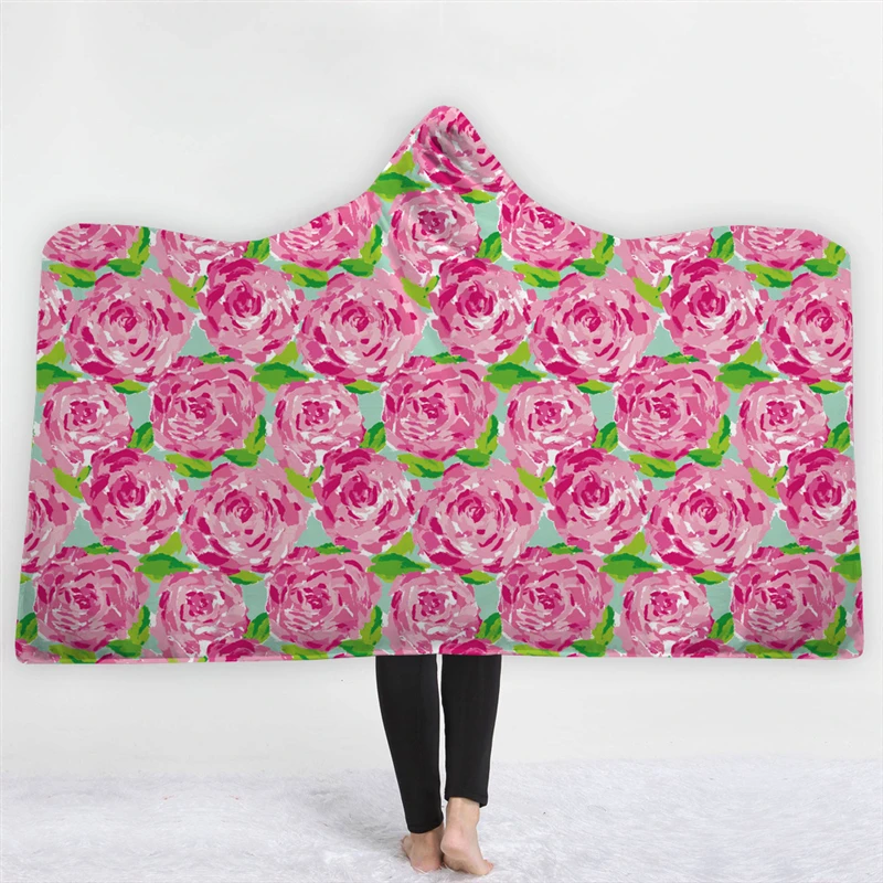 

3D Flower Floral Printed Nap Hooded Blanket for Adults Kid Warm Wearable Fleece Woman Throw Blanket Microfiber Cloak on The Sofa