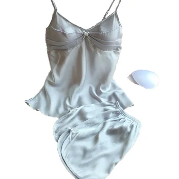 

2016 summer style pajamas sets women female sleep set women's deep V-neck sexy spaghetti strap shorts sleepwear silk homewear