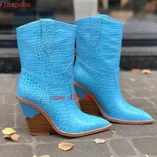 Spring New Cowboy Boots For Women Pointed Toe ankle Boots snake pattern Mid-calf Women Boots Chunky Wedges Boots Runway