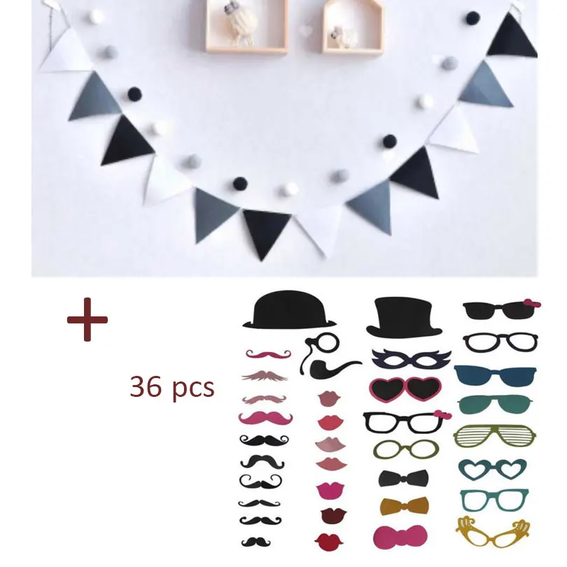 

36 Photo Booth Props + 12 Grey Black White Pennants Bunting Banner Wedding birthday party Flags Hang Garland Decoration Supplies