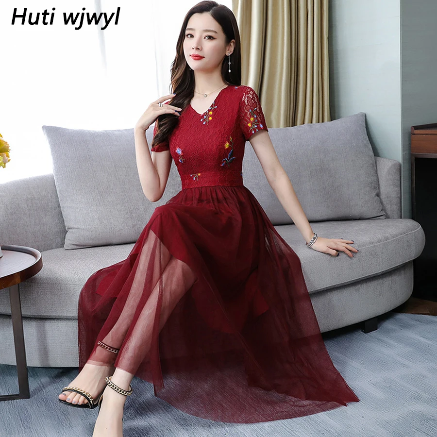

2019 Summer Vintage Solid Mesh Sexy Boho Midi Dress 3XL Plus Size Elegant Women Floral Bodycon Maxi Dresses Party Beach Vestidos