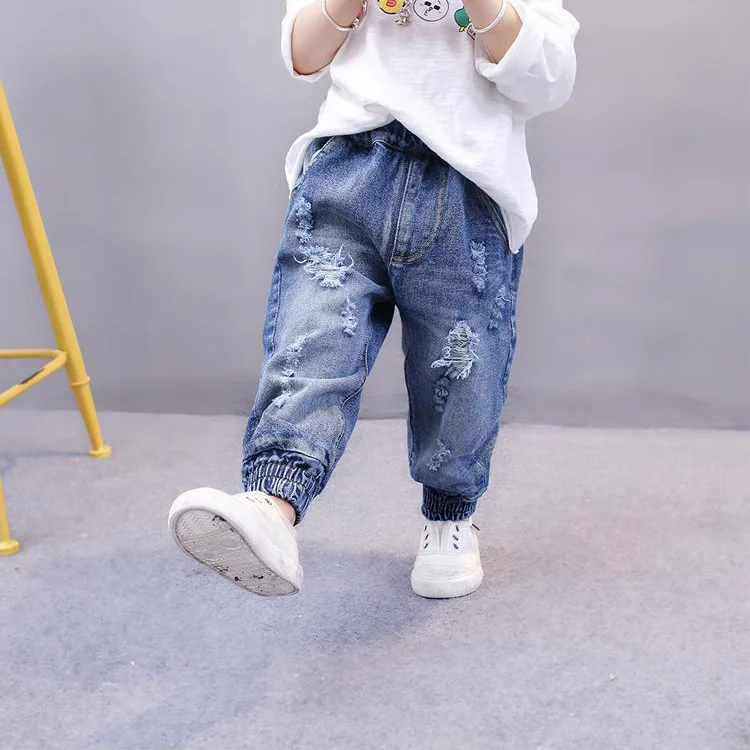 Fashion Ripped Girls Jeans for Kids 2018 Spring Mid Elastic Waist