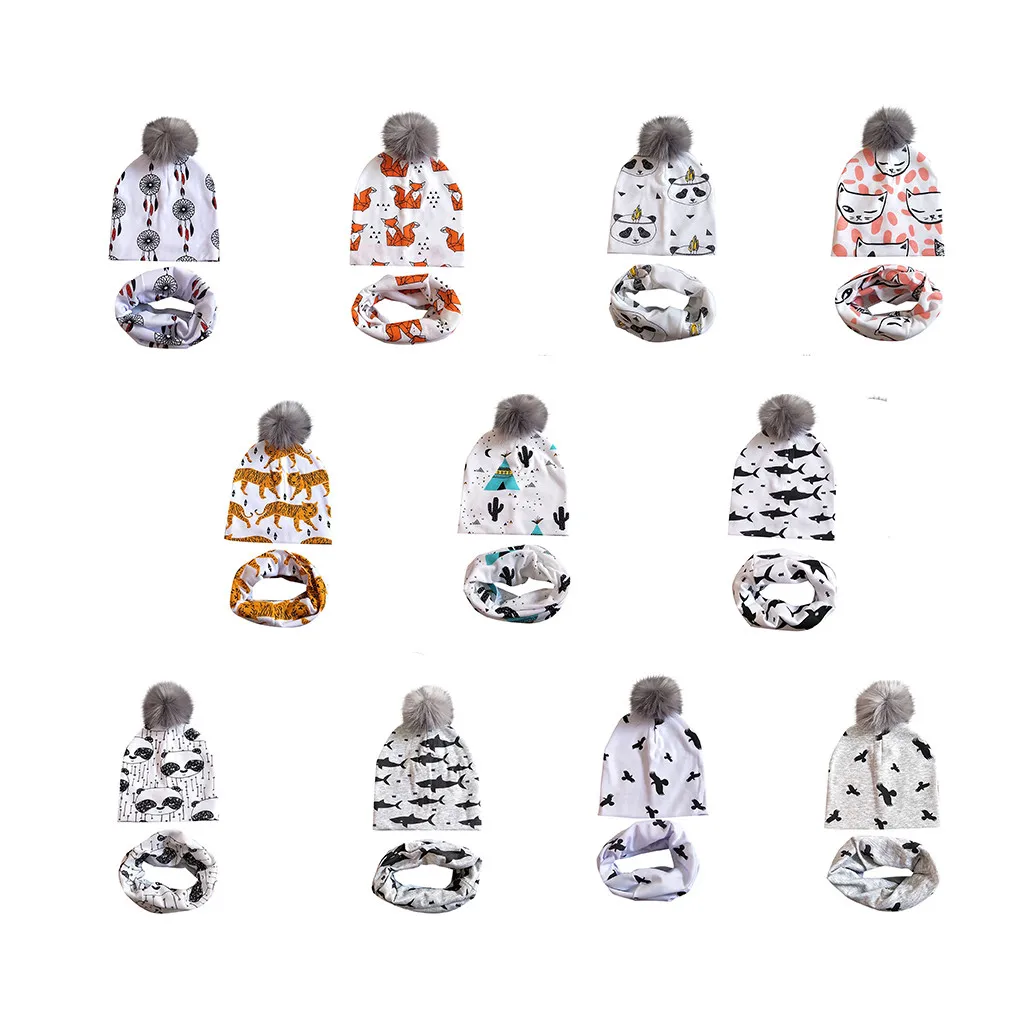 

MUQGEW Baby hat and scarf set Baby Printed Detachable Gray Wool Hat Hospital Cap Printed Collar 2pc shooting bebe photographie