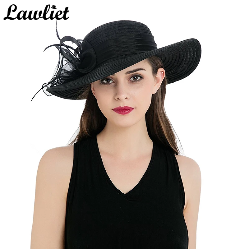 2017 Sun Hat Women Wide Brim Summer Hat Polyester Feather Ribbon Lady