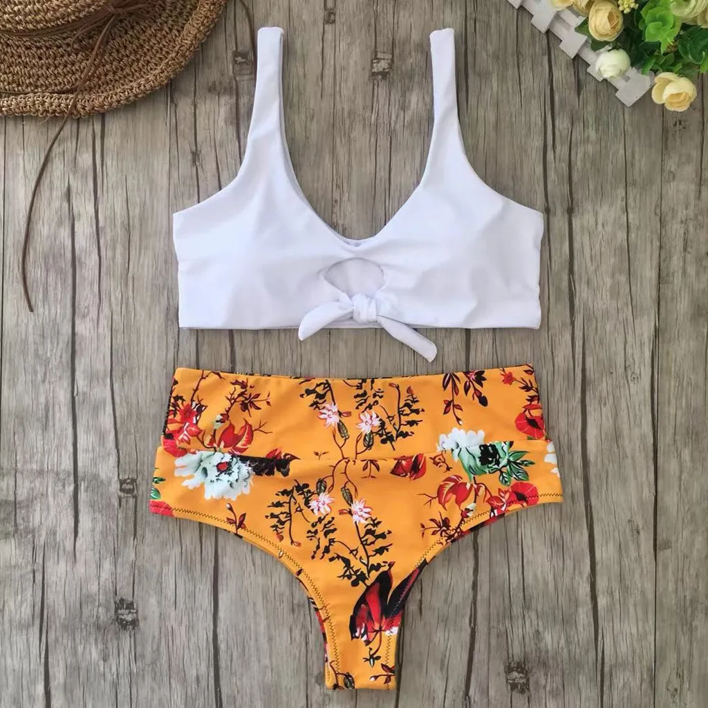 

Women's Knotted Print Bikini High Waist Split Swimsuit 2019 Two Piece Seaside Print Bikini Summer Hot Brazilian Biquini #NEW