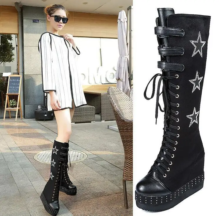 

Women's lace up buckle stars stud hidden wedge heel knee high boots shoes D78
