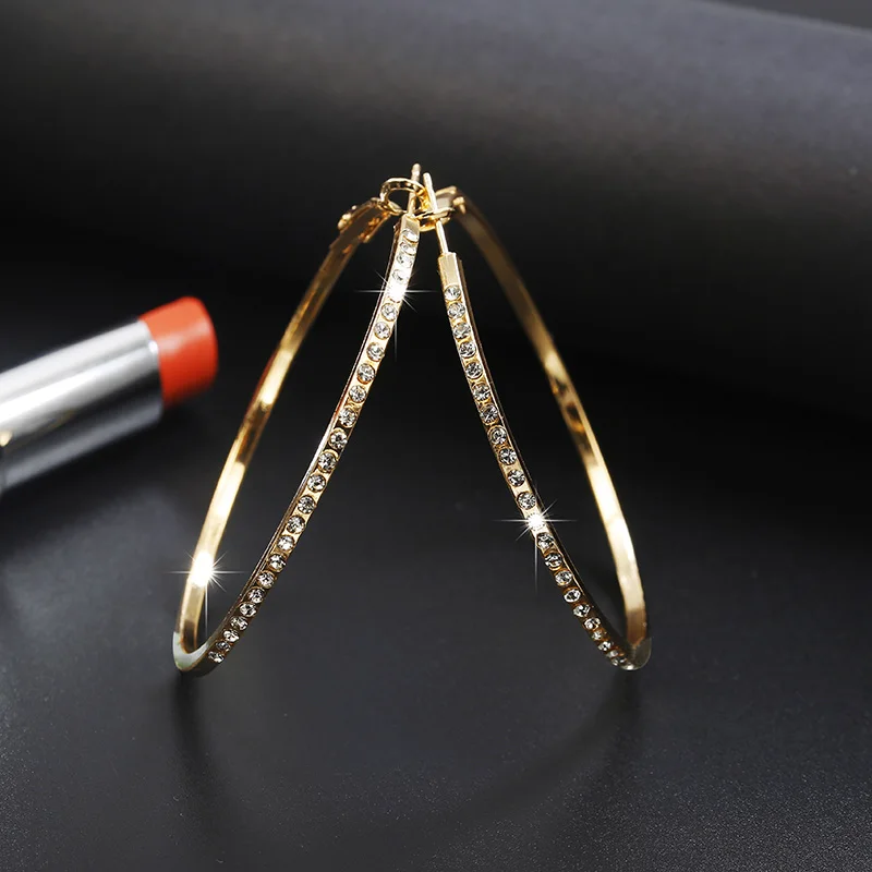 HTB131PAXvjsK1Rjy1Xaq6zispXaY - 2018 Fashion Hoop Earrings With Rhinestone Circle Earrings Simple Earrings Big Circle Gold Color Loop Earrings For Women