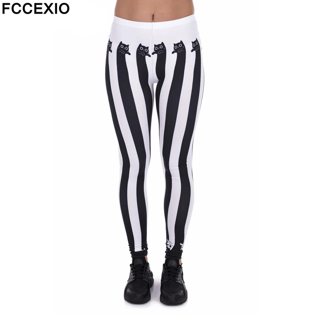

FCCEXIO New Style Women Leggings High Waist Fitness Legging Funnly Stripes Cats Print Leggins Female Pants Workout Slim Trousers
