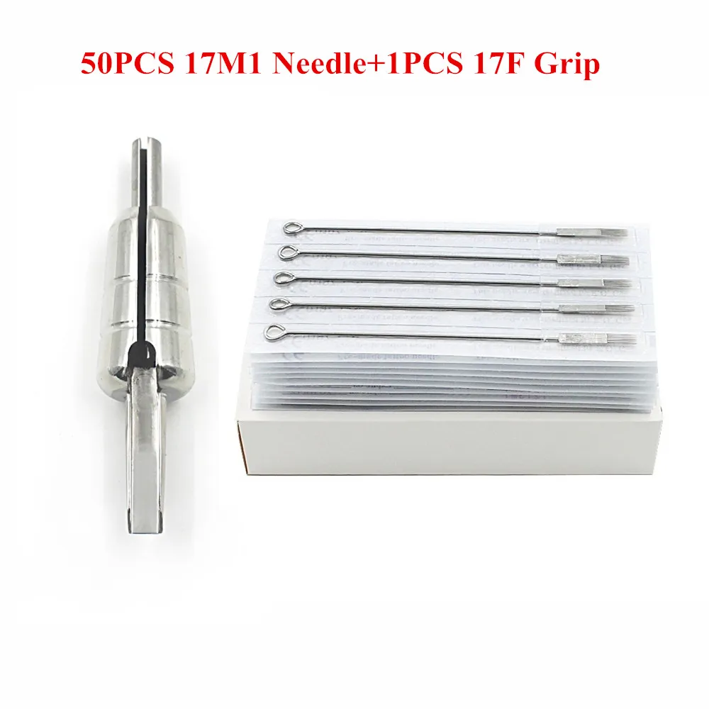 

17F Stainless Steel Flat Tattoo Grip Tube with 50PCS 17M1 Disposable Sterile Tattoo Needle for Tattoo Machine