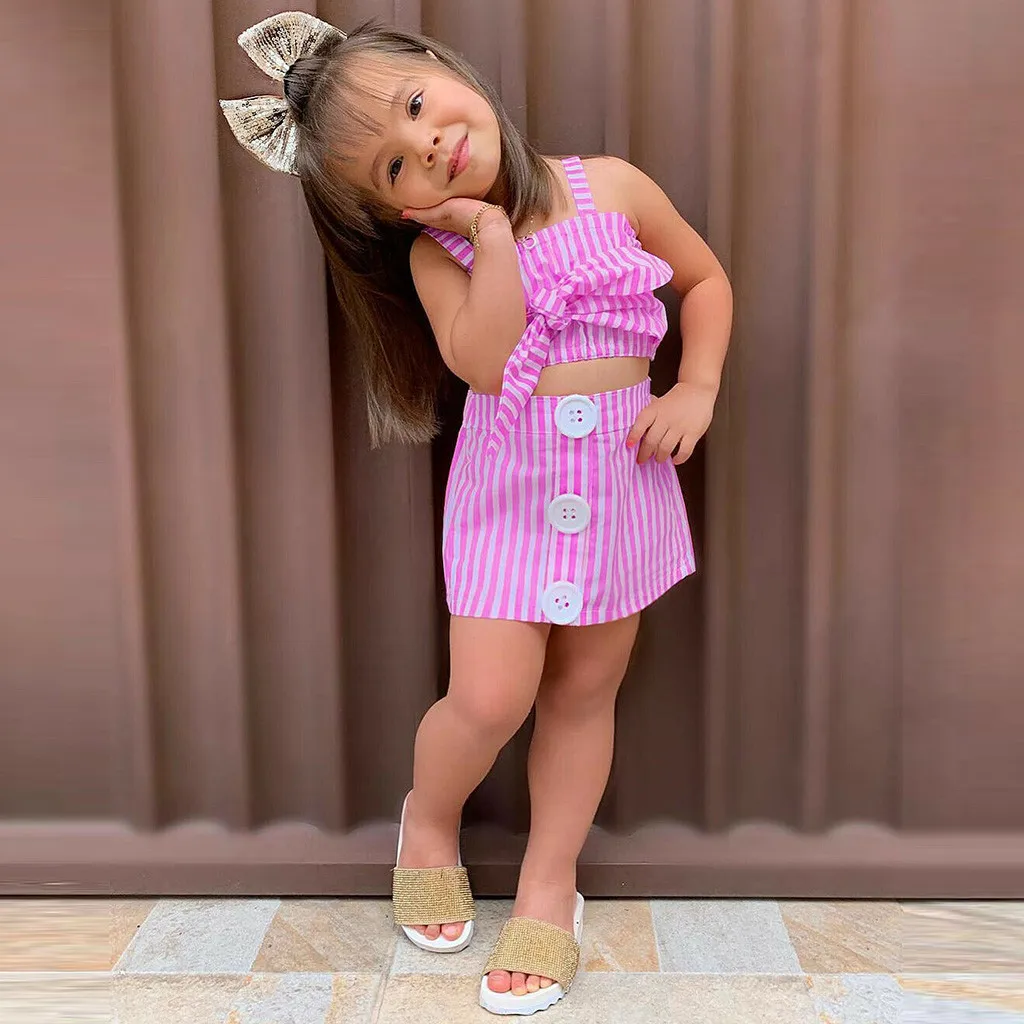 

Summer Fashion Kid Girls Clothes Sleeveless Striped Print Bowknot Vest Tank Tops+Casual Buttons Skirts+Headbands Outfits roupa