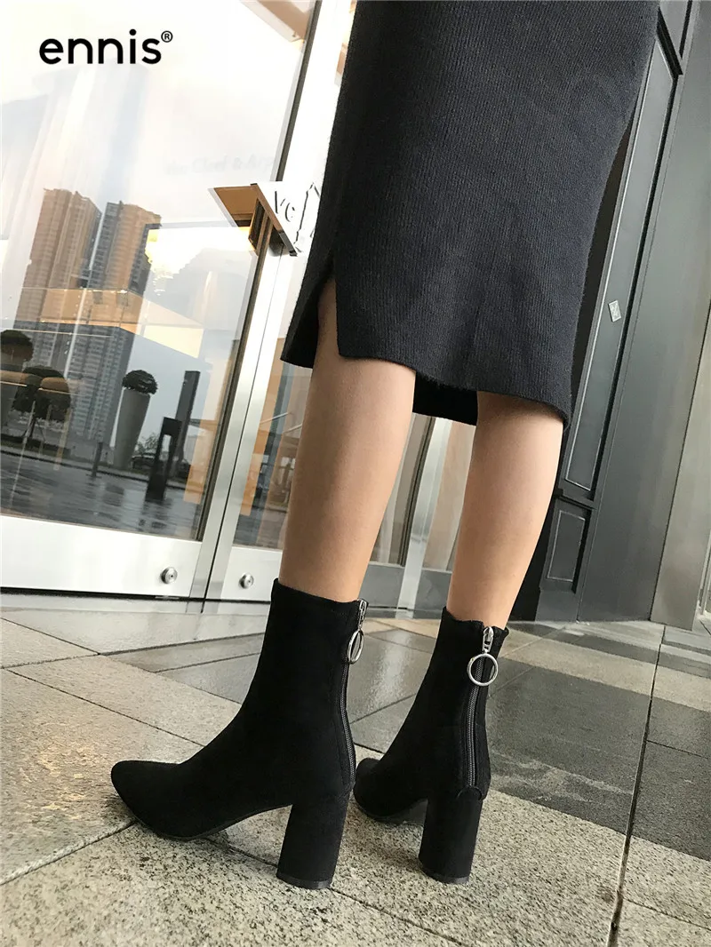 ENNIS/ г., зимние модные ботинки женские ботинки из ткани стрейч ботильоны на высоком каблуке с молнией сзади Осенняя обувь черного и желтого цвета Новинка, A8198