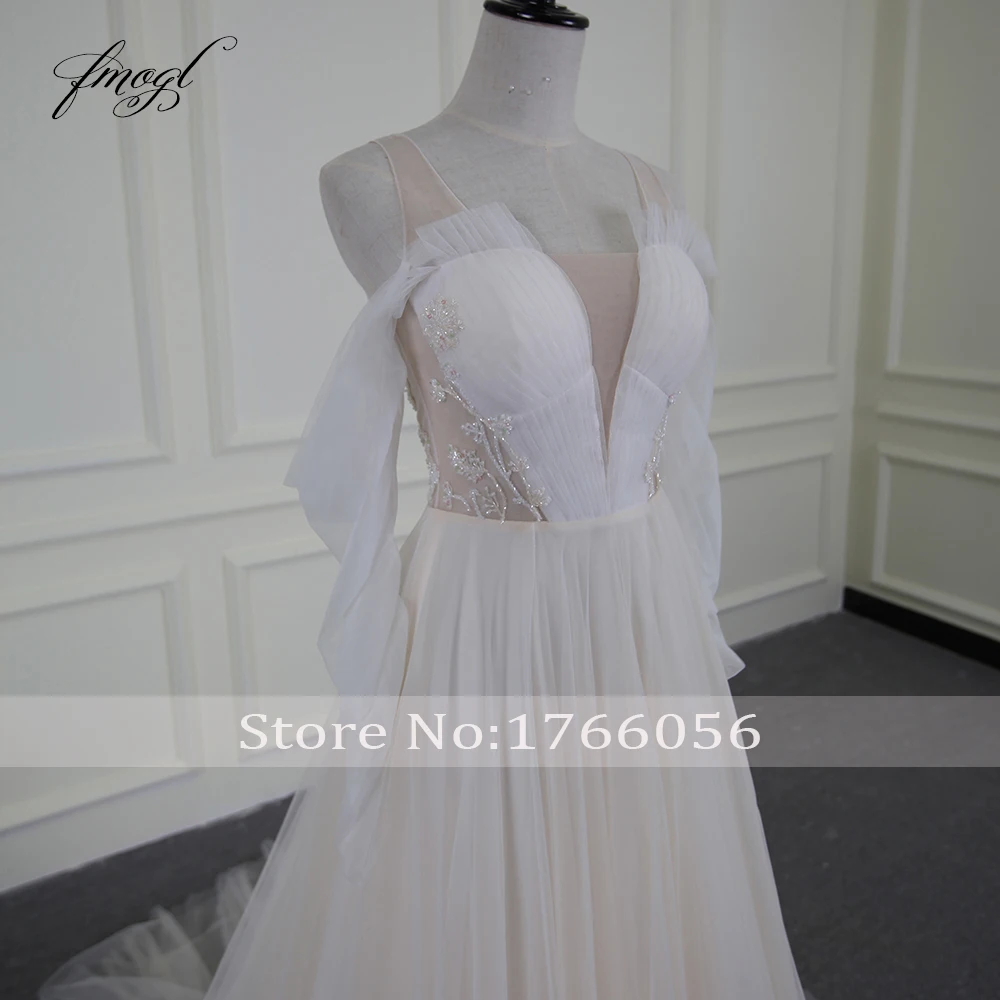 Fmogl Vestido De Noiva Сексуальная Иллюзия Пляжные Свадебные платья 2019 V шеи бисером жемчуг