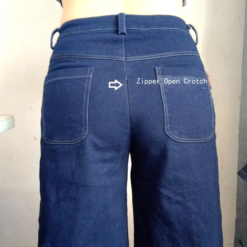 Sexy femmes mode Zipper ouvert entrejambe Jeans Vintage jambe large Jeans lâche lavé à l’eau taille haute Denim pantalon grande taille F89