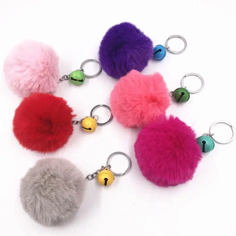 Cute pompom keychain bell key chain fluffy fake rabbit fur ball car bag