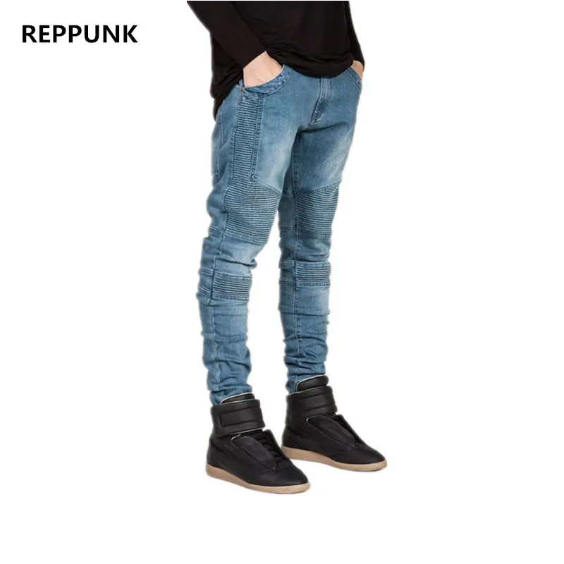 Мужские джинсовые брюки REPPUNK черные облегающие прямые с дырками однотонные