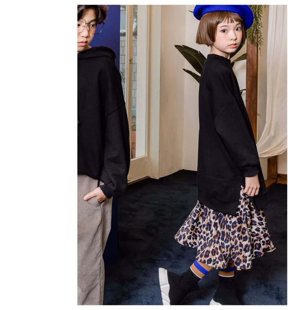 leopard print patchwork fleece children dresses for girls long sleeve solid loose winter dress baby clothing new 2018 kids dress (9)