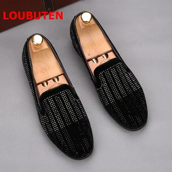 

LOUBUTEN New Fashion Rhinestone Loafers Slip On Mens Dress Shoes Handmade Leather Shoes Men's Slippers Party And Wedding Shoes