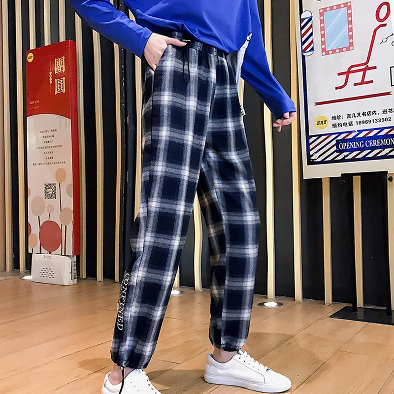 

Vintage black Plaid Japanese Harajuku 2019 spring Summer Pants Women Casual Drawstring Ankle Length Loose Wide Leg Cotton Pants