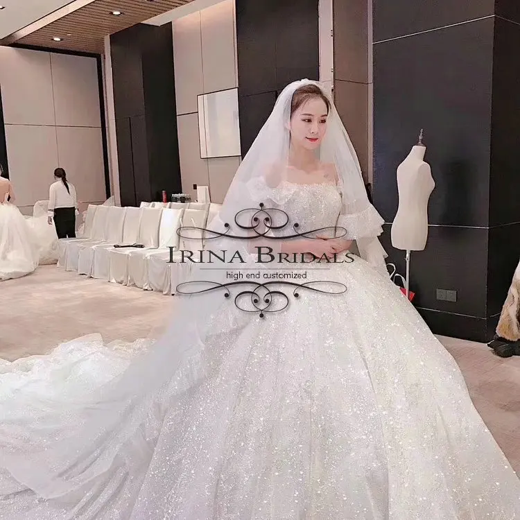 Халат sirene mariage короткий рукав o-образным вырезом Свадебное платье с блестками