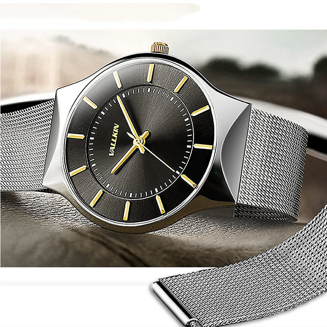

Men Wrist Watch Elegant Stainless Steel quartz dial mesh strap adjustable Men's large watches luxury wristwatches 2018 silver