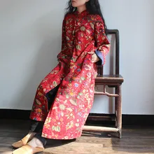 2016 literary Ladies Retro Stand collar Hand made button Loose National Print Cotton Linen Trench Coat Overcoat Single Breasted