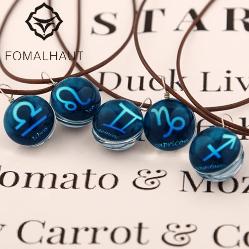 

FOMALHAUT Crystal glass Ball 12 constellation Necklace Long Strip Leather Chain Pendant Necklaces Women 2016 Jewelry
