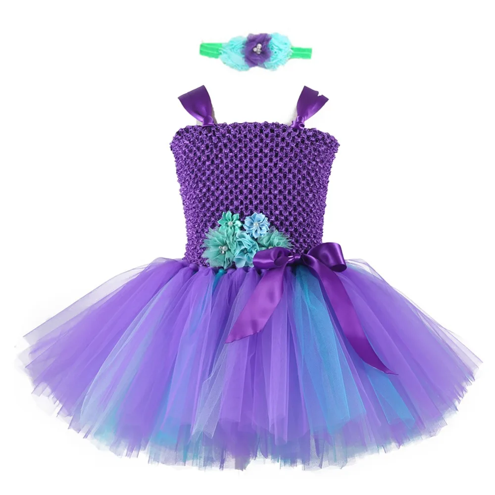 Casual Flower Knee length Princess Ariel Dress for Girls Peacock Solid O-neck Party Dress Kids Christmas New Year Bow Tutu Dress (1)