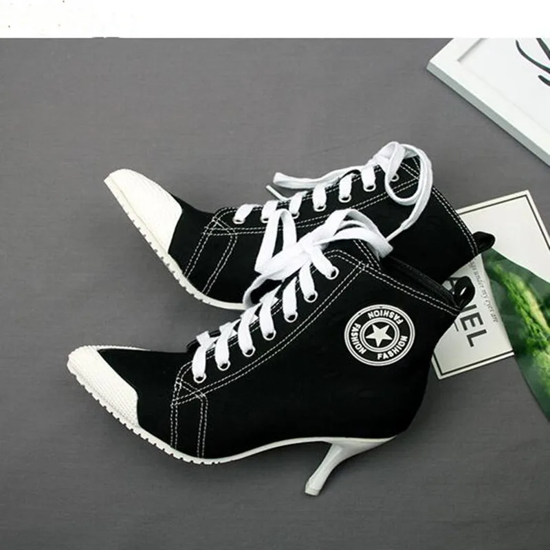 

2019 New Women's Shoes Canvas Ladies Shoes Boots Denim High Heels 8.5CM Female Canvas Pumps Lady's Ankle Boots Lace-Up Thin Heel