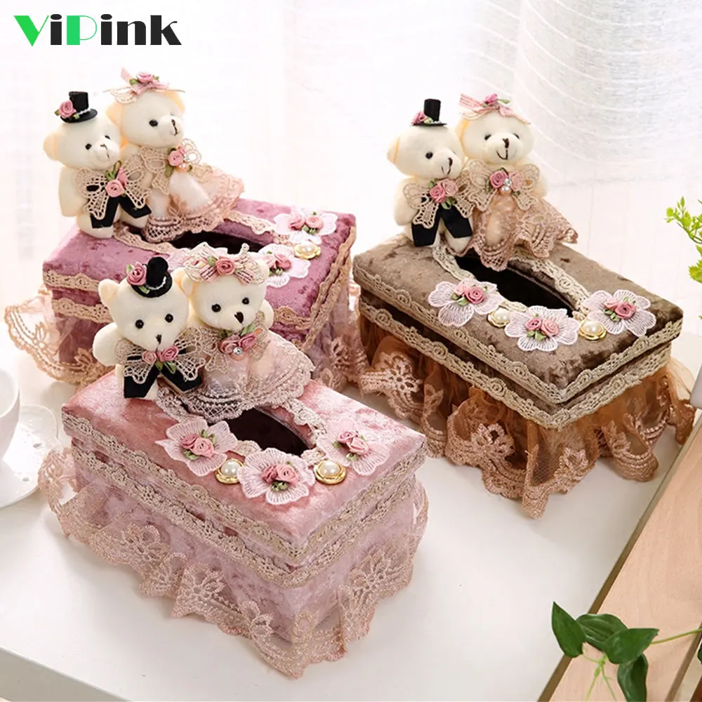High-end Lace Fabric Tissue Box Holder Couple Bear Wedding Table Decoration Tissue Box Cover Case Napkin Dispenser Storage Box