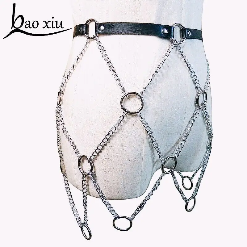 

2019 New Sexy Pub Female Leather Skirt Belts Punk Gothic Rock Harness Waist metal Chain Body Bondage Hollow Belt accessories