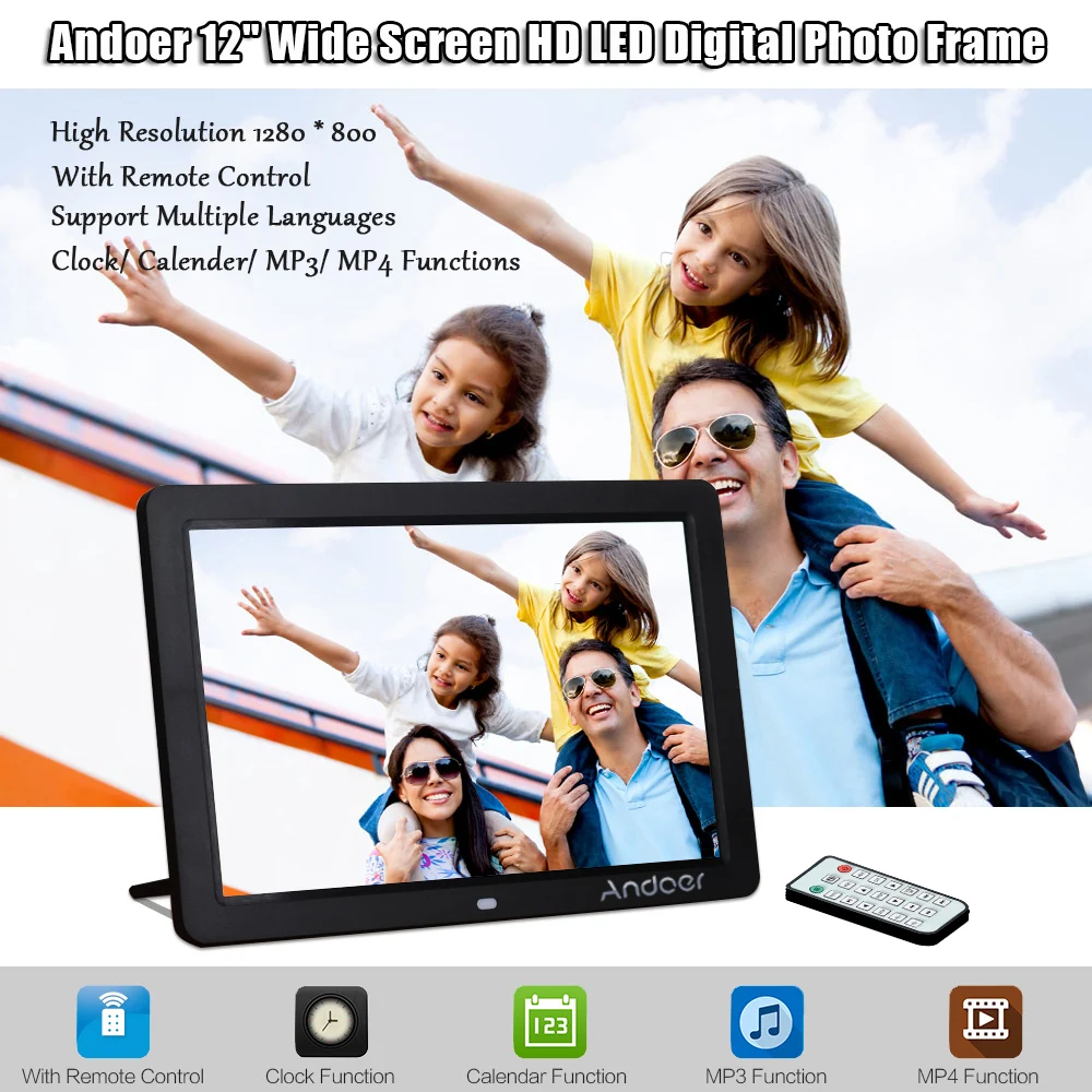 Andoer 1" HD Цифровая фоторамка 1280*800 электронная фоторамка с пультом дистанционного Управление Поддержка календарь MP3 MP4 видеопроирыватель - Цвет: Черный