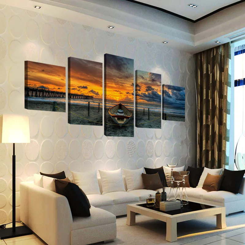 Без рамки 5 панель морской пейзаж и лодка с HD Большой печатью холст картина для гостиной украшение дома уникальный подарок Настенная картина