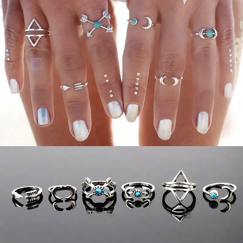 

6pcs/Set Vintage Ring Set Women Moon Arrow Above Carved Tibetan Knuckle Midi Ring Womens Boho Beach Jewelry Gift