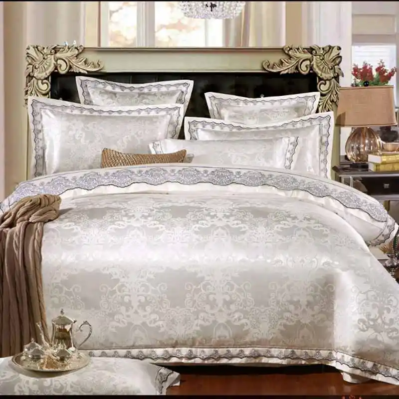 Комплект постельного белья жаккардовый шелк хлопок king queen размер 4 шт кружева сатин одеяло/одеяло комплект постельного белья Роскошная простыня наволочки