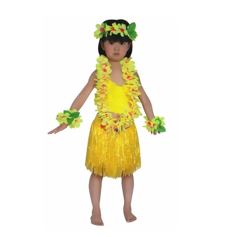 Lovely Child Kids 6 PCS Hawaiian Grass Skirt Flower Hula Garland Dance Dress Set
