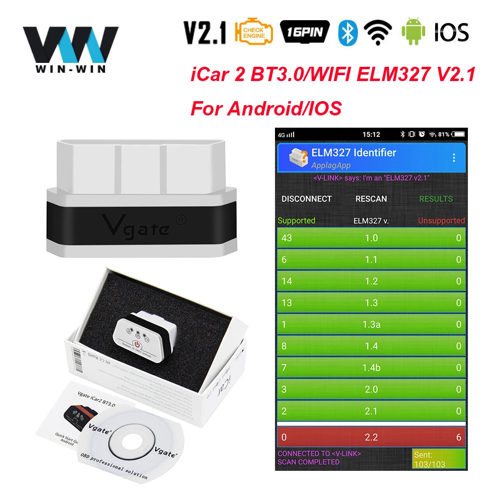 Vgate iCar2 ELM 327 V2.1 OBD2 Bluetooth Wi Fi сканер iCar 2 elm327 OBD автомобильный диагностический