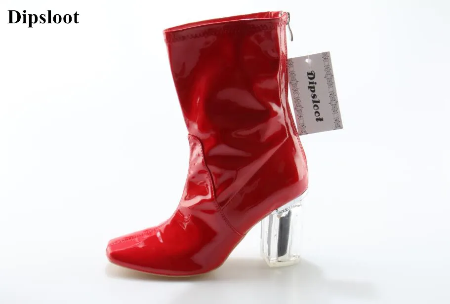 

Woman Shinning Patent Leather Ankle Boots Fashion Square Toe Shoes Woman Chunky Heels Dress Party Shoes Woman Zipper Short Boots
