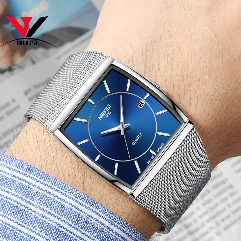 Reloj Hombre NIBOSI квадратные часы для мужчин люксовый бренд с сетчатым ремешком модные