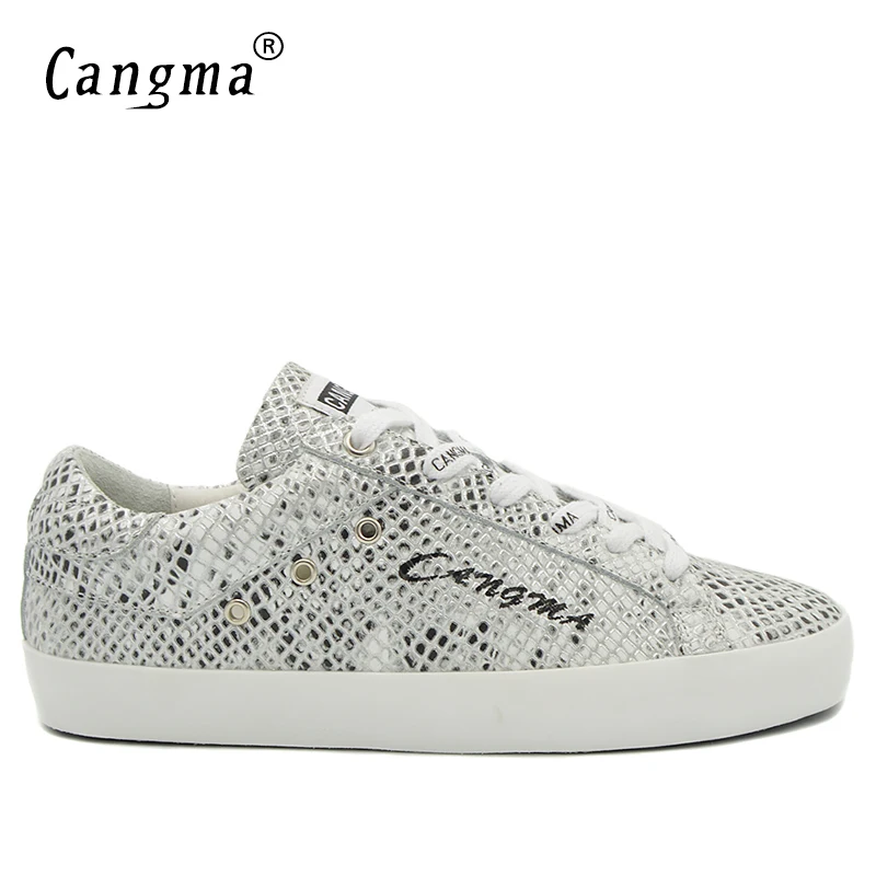 

CANGMA Brand Fashion Luxury Men Silver Snake Grain Shoes Genuine Leather Sneakers Breathable Lace-up Male Casual Shoes Man Flats
