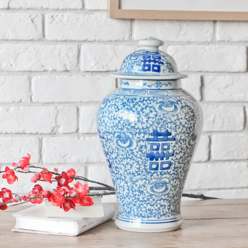 Розничная китайский ручной росписью синий и белый керамический фарфоровый баночки с тематика "Счастье для двоих" дизайн